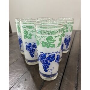 Vintage Hazel Atlas Highball Glasses - Purple Grapes and Green Leaves - Set of 6